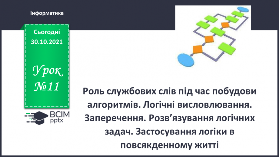 №11 - Інструктаж з БЖД. Роль службових слів під час побудови алгоритмів. Логічні висловлювання. Заперечення. Розв’язування логічних задач. Застосування логіки в повсякденному житті.0