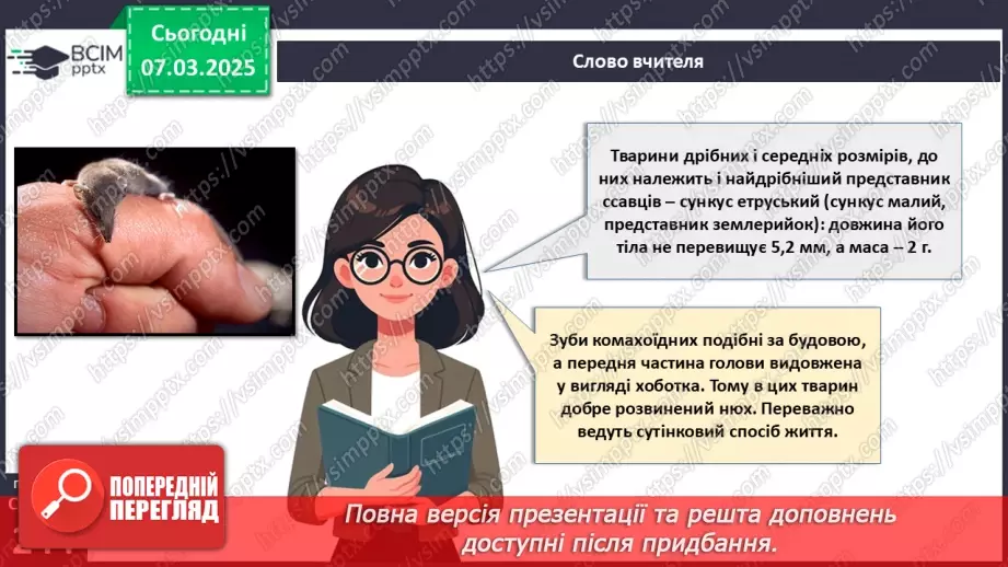 №68 - Різноманітність ссавців. Першозвірі. Сумчасті.  Комахоїдні. Рукокрилі. Гризуни.9