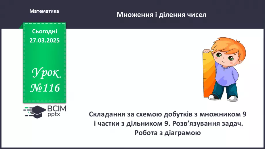 №116 - Складання за схемою добутків з множником 9 і частки з дільником 9.0 №116 - Складання за схемою добутків з множником 9 і частки з дільником 9.0