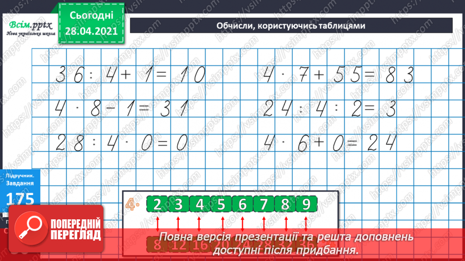 №019 - Таблиці множення числа 4 і ділення на 4.Складання рівнянь за текстом.12