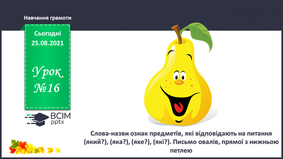 №016 - Слова–назви ознак предметів, які відповідають на питання (який?), (яка?), (яке?), (які?) Письмо овалів, прямої з нижньою петлею.0