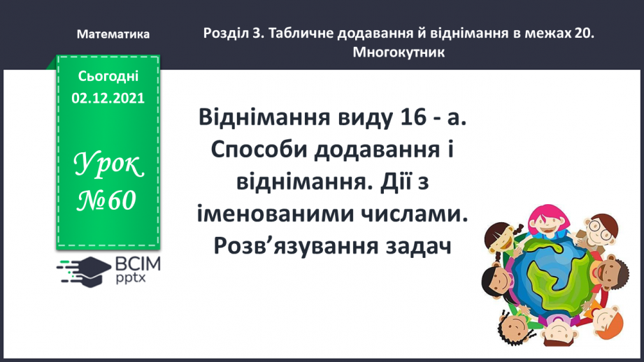 №060 - Віднімання виду 16 - а. Способи додавання і віднімання. Дії з іменованими числами. Розв’язування задач0