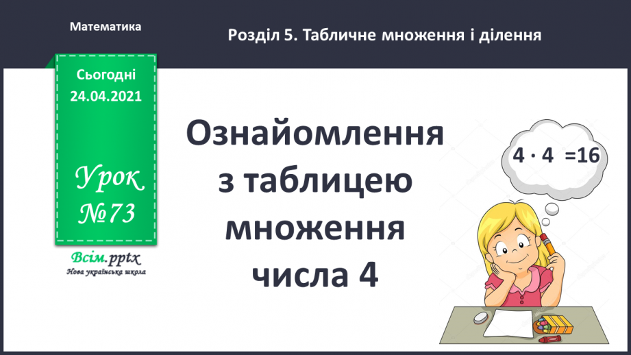 №073 - Ознайомлення з таблицею множення числа 4. Вправи і задачі на використання таблиці множення числа 4.0