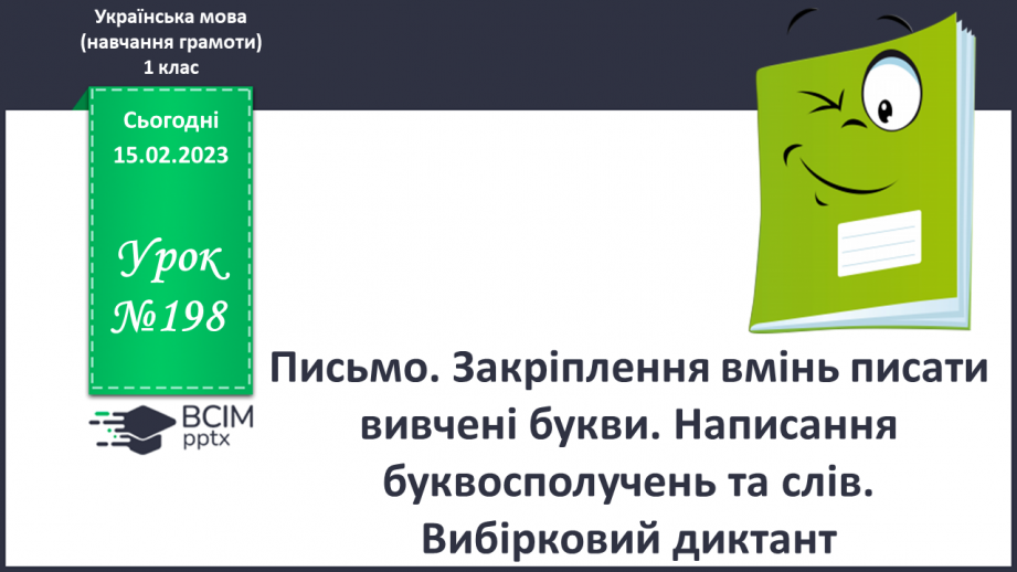 №198 - Письмо. Закріплення вмінь писати вивчені букви. Написання буквосполучень та слів. Вибірковий диктант.0