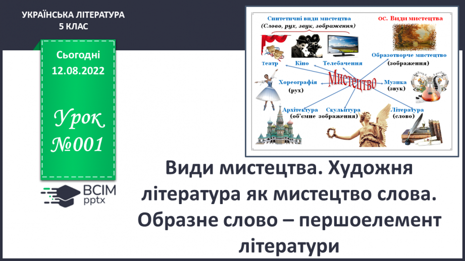 №01 - Види мистецтва. Художня література як мистецтво слова. Образне слово – першоелемент літератури.0