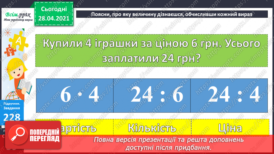 №024 - Співвідношення між ціною, кількістю й вартістю. Дії з іменованими числами. Побудова прямокутника за периметром і однією стороною.16