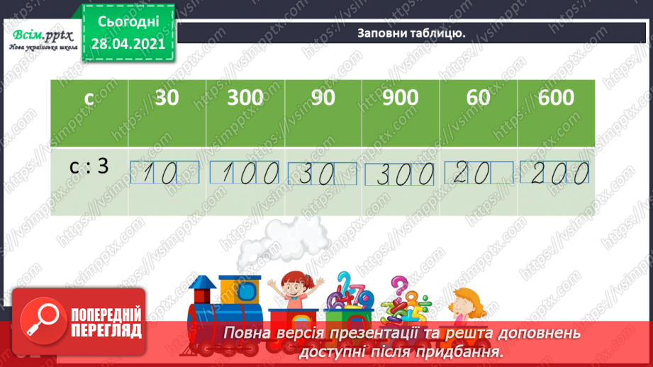 №113 - Ділення круглих чисел виду 60 : 3, 600 : 3. Знаходження частини від числа. Периметр трикутника. Розв’язування задач.30