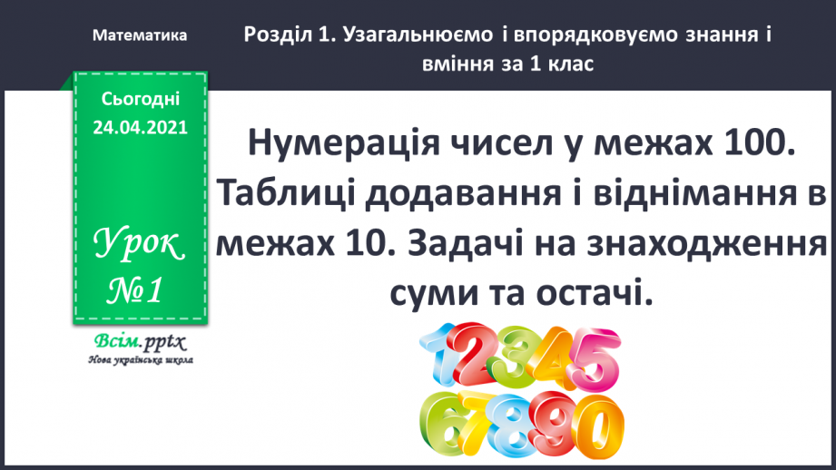 №001 - Нумерація чисел у межах 100. Таблиці додавання і віднімання в межах 10. Задачі на знаходження суми та остачі.0