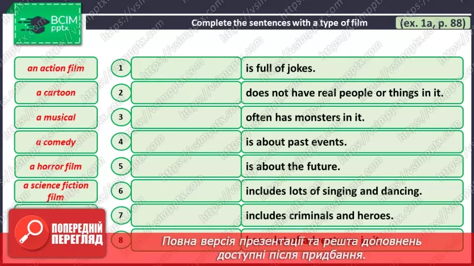 №098 - ГР2 Жанри кіно. Опрацювання ЛО. Types of Films. Vocabulary.11 №098 - ГР2 Жанри кіно. Опрацювання ЛО. Types of Films. Vocabulary.11