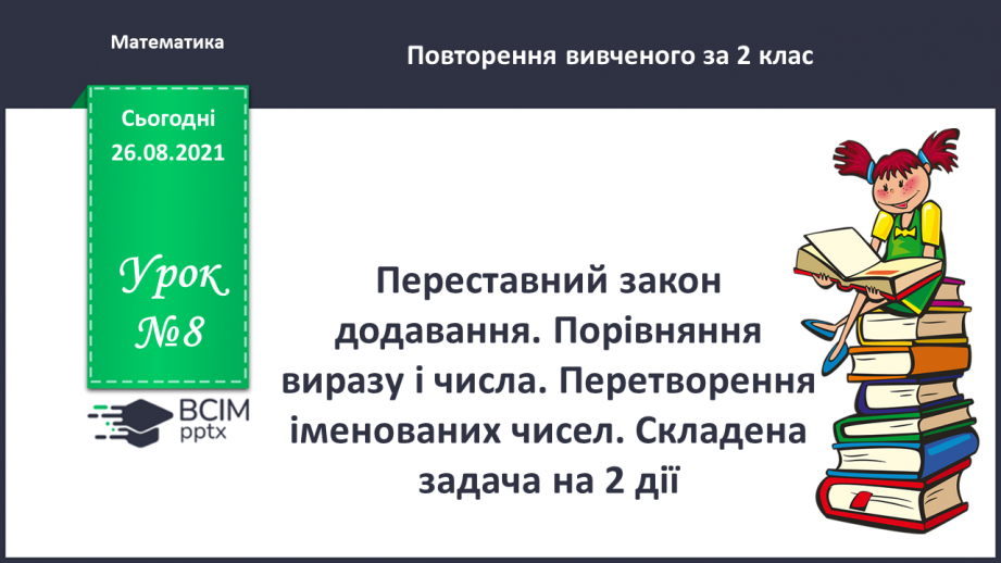 №008 - Переставний закон додавання. Порівняння виразу і чис¬ла. Перетворення іменованих чисел.0