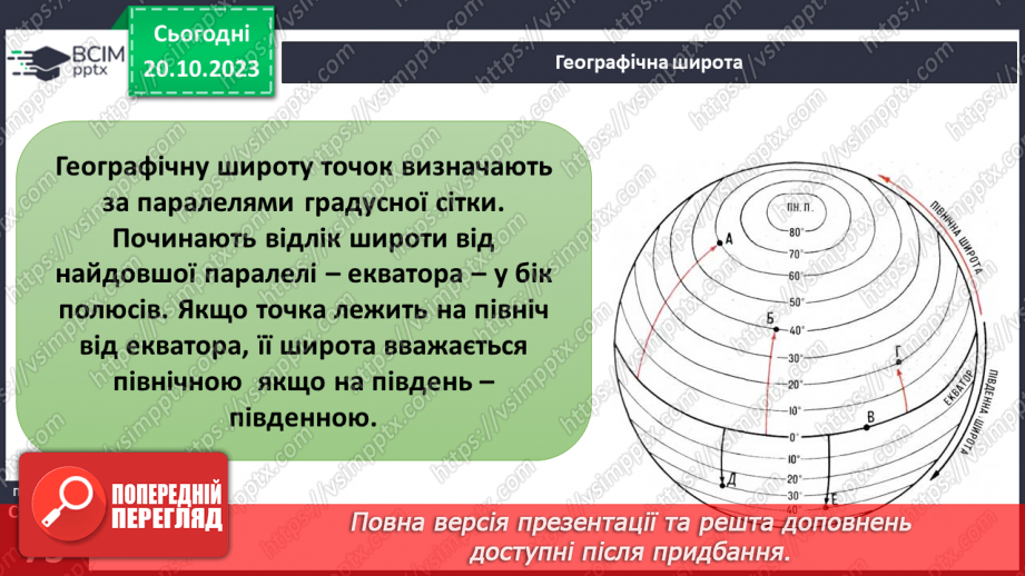 №17-18 - Географічні координати. Визначення географічної  широти та географічної довготи позначених на карті  об’єктів.4