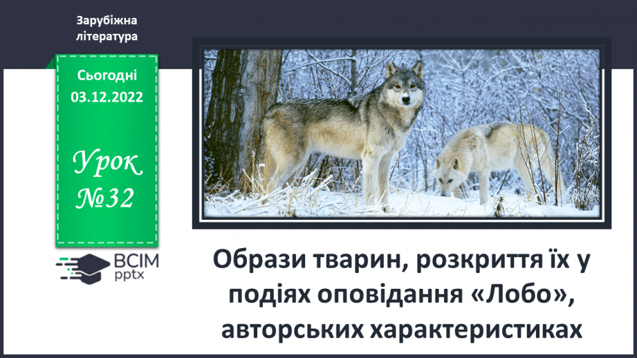 №32 - Образи тварин, розкриття їх у подіях оповідання «Лобо», авторських характеристиках.0