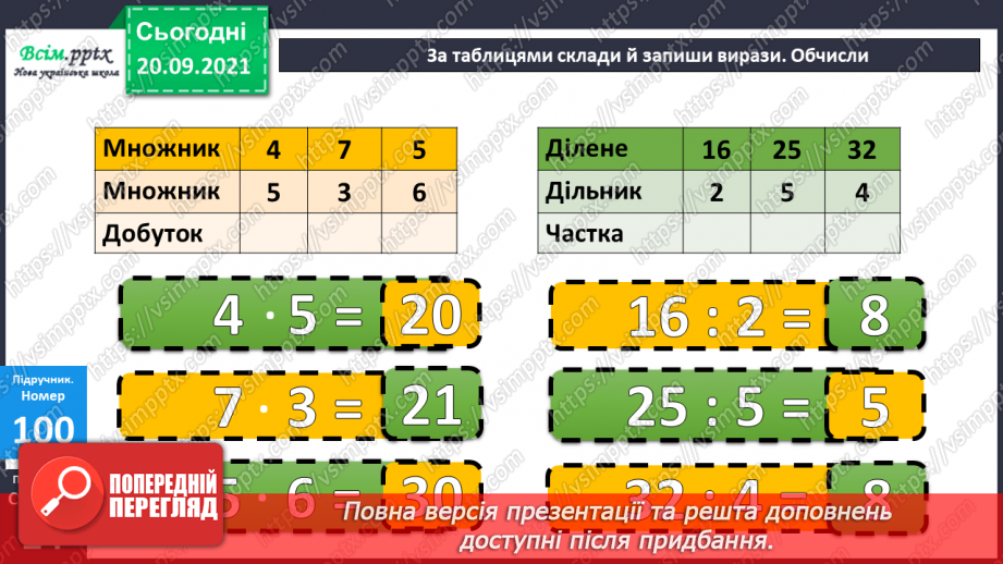 №013 - Множення і ділення чисел. Назви чисел при множенні і діленні, їх взаємозв’язок. Задачі, що містять множення і ділення11