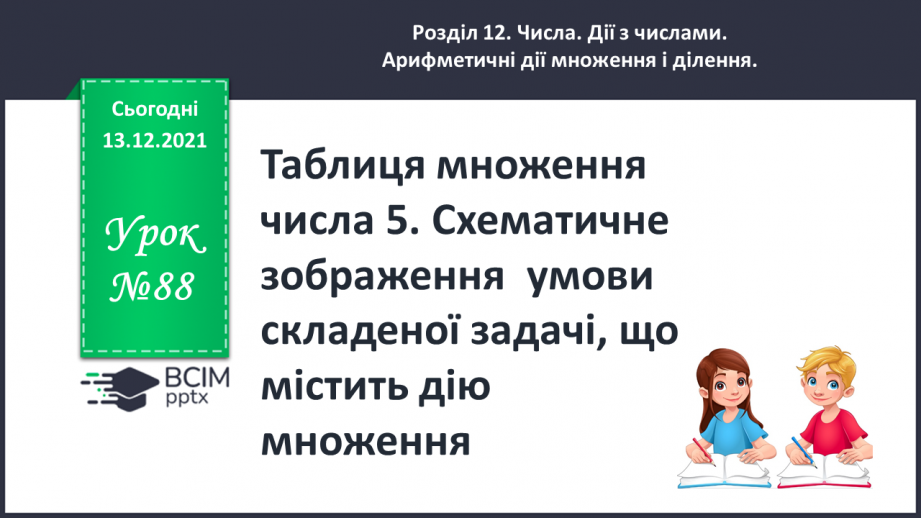 №088 - Таблиця  множення  числа  5. Схематичне  зображення  умови  складеної  задачі, що  містить  дію  множення.0