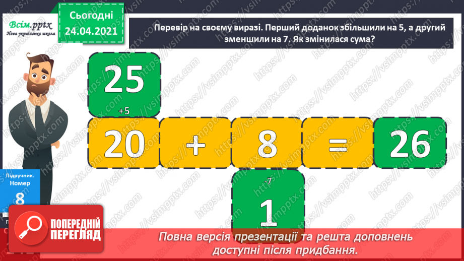 №128 - Зміна суми при зміні одного доданку на кілька одиниць. Обчислення ламаної лінії за довжиною ланок та її креслення.9