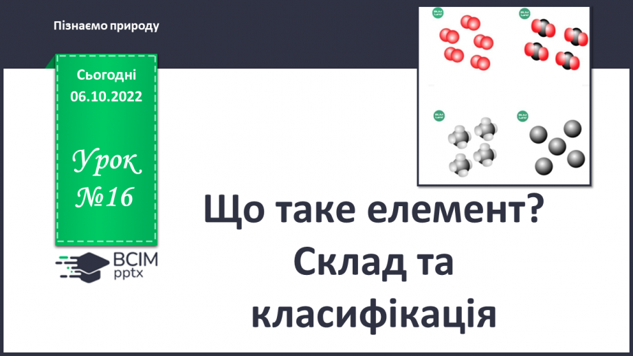 №16 - Що таке елемент. Склад молекул та класифікація речовин.0