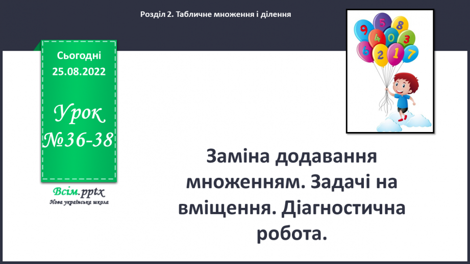 №036-38 - Заміна додавання множенням. Задачі на вміщення. Діагностична робота.0