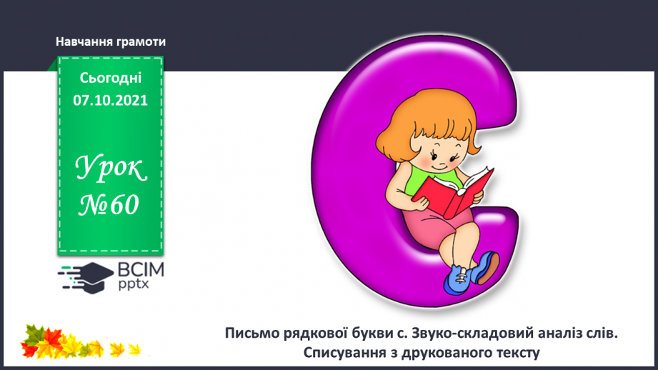 №060 - Письмо рядкової букви с. Звуко-складовий аналіз слів. Списування з друкованого тексту.0