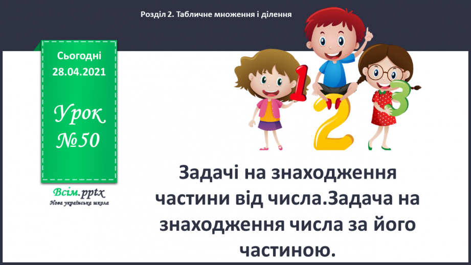 №050 - Задачі на знаходження частини від числа. Задача на знаходження числа за його частиною.0