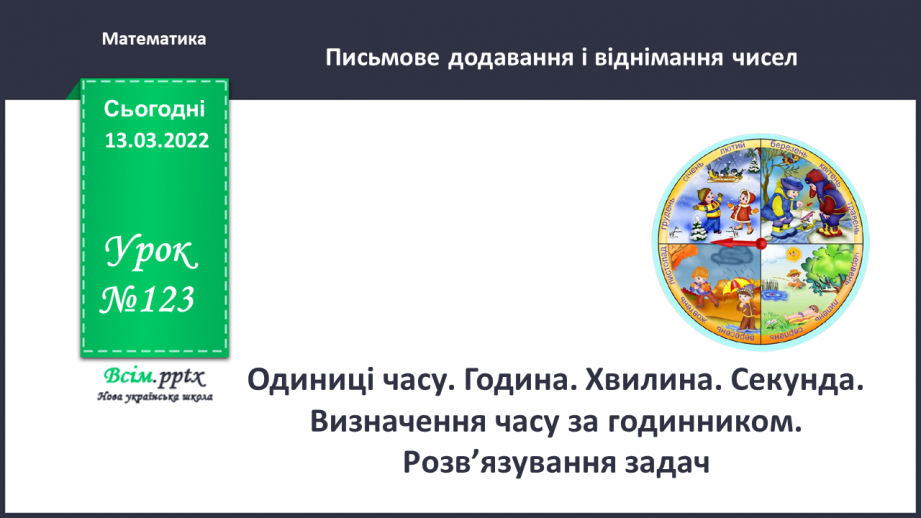 №123 - Одиниці часу. Година. Хвилина. Секунда- Визначення часу за годинником. Розв’язування задач0