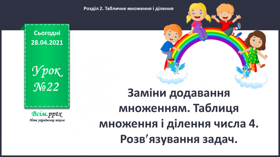 №022 - Заміни додавання множенням. Таблиця множення і ділення числа 4. Розвязування задач0