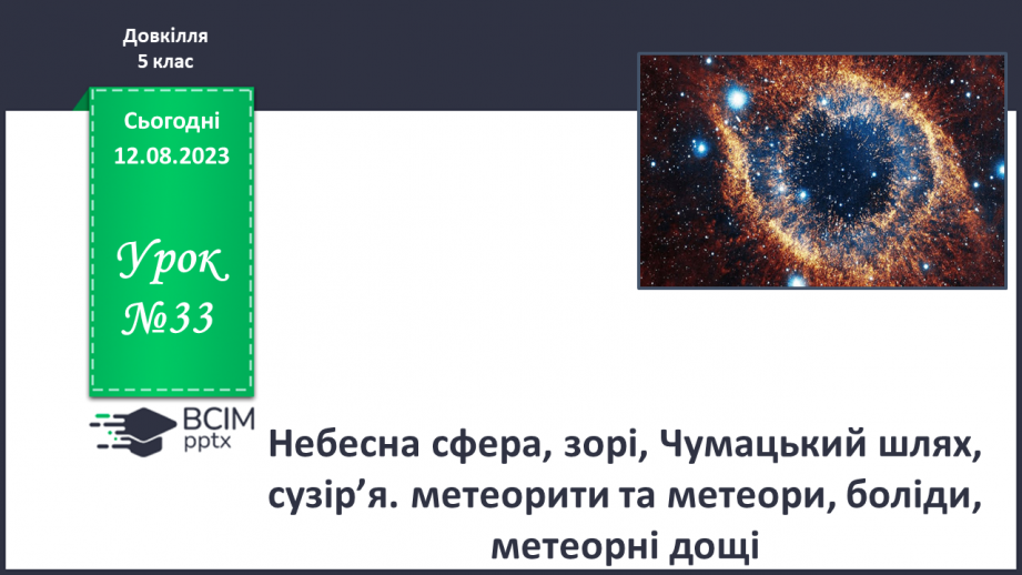 №33 - Небесна сфера, зорі, Чумацький шлях, сузір’я. метеорити та метеори, боліди, метеорні дощі.0