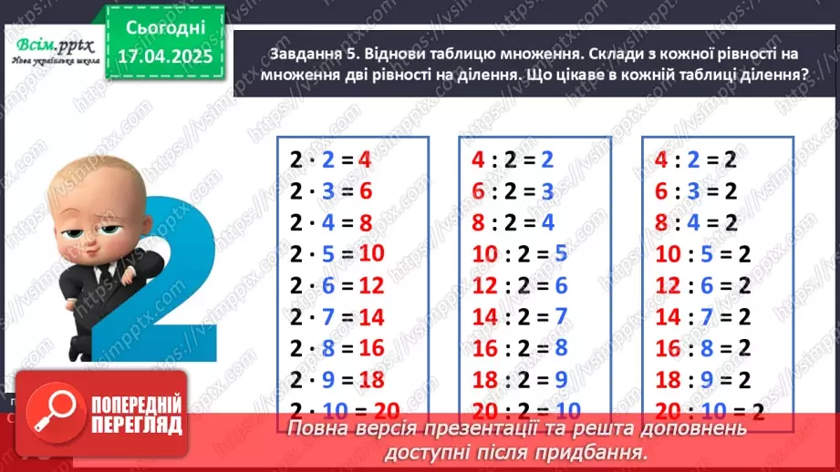 №121 - Досліджуємо таблицю множення числа 2; таблицю ділення на 218 №121 - Досліджуємо таблицю множення числа 2; таблицю ділення на 218