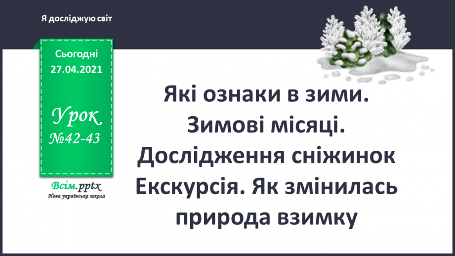 №042 - 043 - Які ознаки в зими. Зимові місяці. Дослідження сніжинок. Екскурсія. Як змінилась природа взимку?0