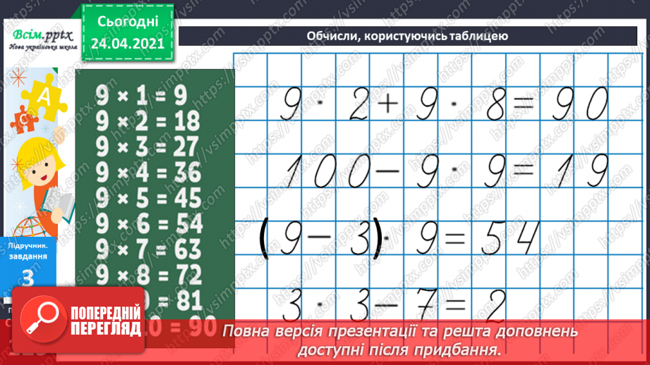 №111 - Таблиця множення числа 9. Вправи на використання таблиці множення числа 9. Задача обернена до задачі на знаходження периметра трикутника. Складання задач за діаграмою.17