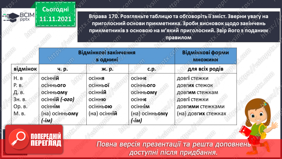 №047 - Відмінювання прикметників з основою на м’який приголосний в однині та множині.6