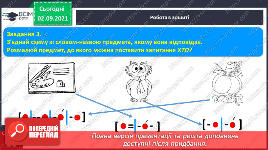 №024 - Письмо елементів букви а. Письмо рядкової букви а. Зіставлення звукових схем із словами-назвами намальованих предметів.7