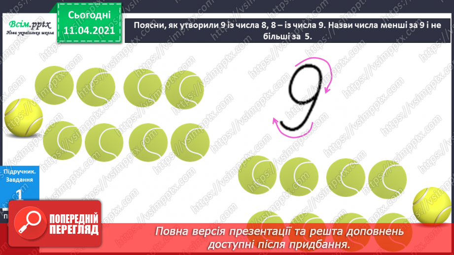 №033 - Утворення числа 9 із числа 8 і числа 8 із числа 9. Письмо цифри 9. Порівняння чисел у межах 9. Складання схем за малюнками.5