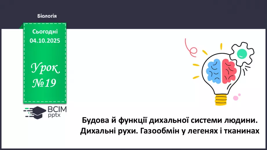 №019 - Будова й функції дихальної системи людини. Дихальні рухи. Газообмін у легенях і тканинах.0 №019 - Будова й функції дихальної системи людини. Дихальні рухи. Газообмін у легенях і тканинах.0