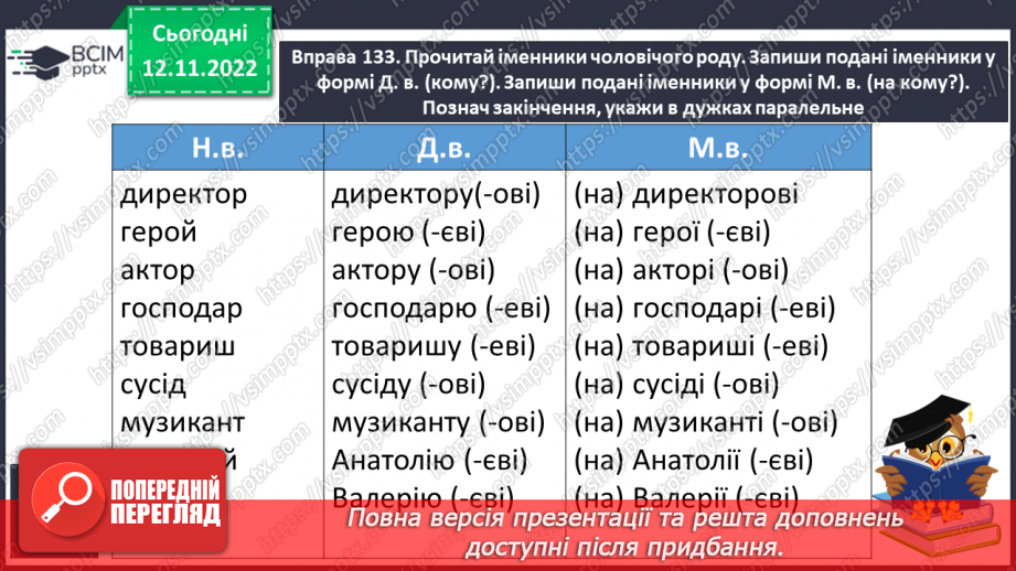 №036 - Закінчення іменників чоловічого роду —назв істот у давальному та місцевому відмінках однини10