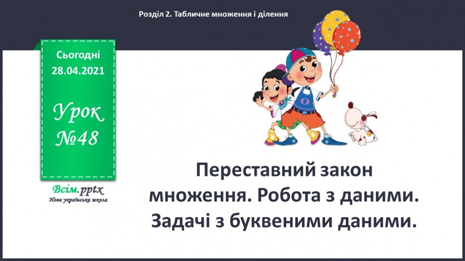 №048 - Переставний закон множення. Робота з даними. Задачі з буквеними даними.0