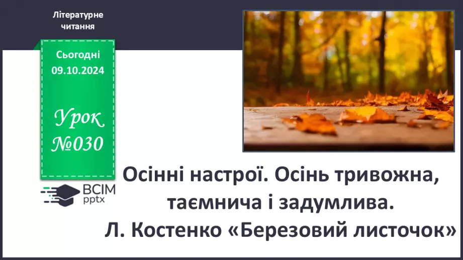 №030 - Осінні настрої. Осінь тривожна, таємнича і задумлива. Л. Костенко «Березовий листочок».0