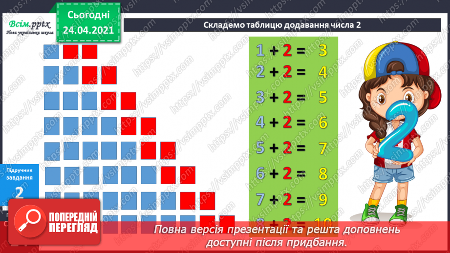 №010 - Таблиці додавання і віднімання числа 2. Складання і розв’язування задач та їх порівняння.21