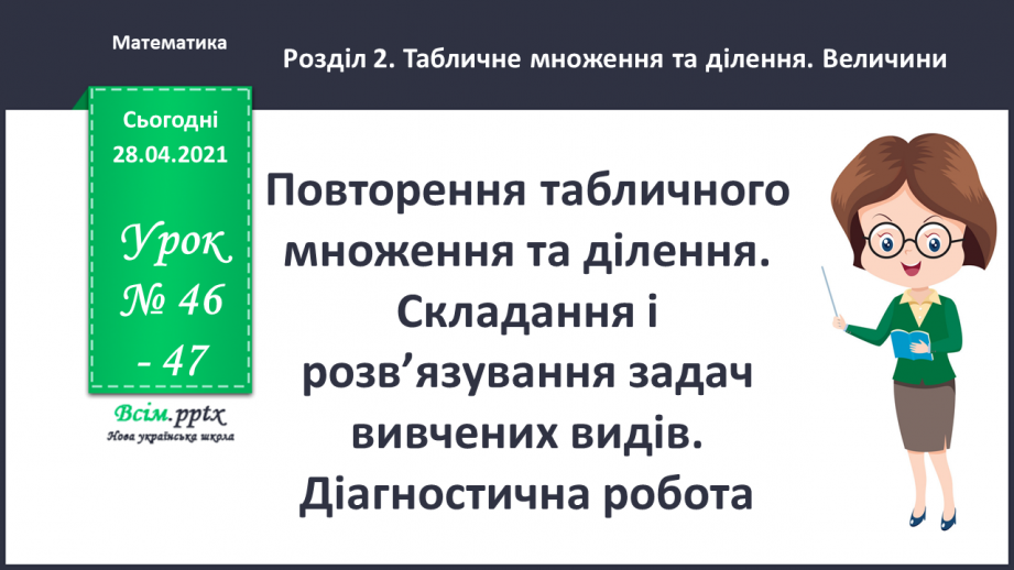 №046-47 - Повторення табличного множення та ділення. Складання і розв’язування задач вивчених видів.0 №046-47 - Повторення табличного множення та ділення. Складання і розв’язування задач вивчених видів.0